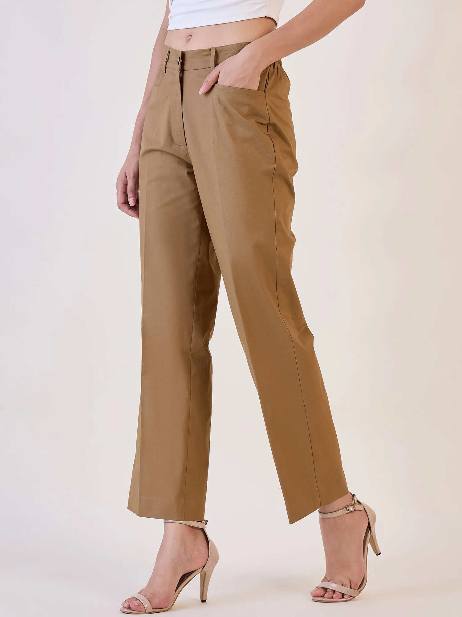 Brown Straight Fit Mid Waist Trouser