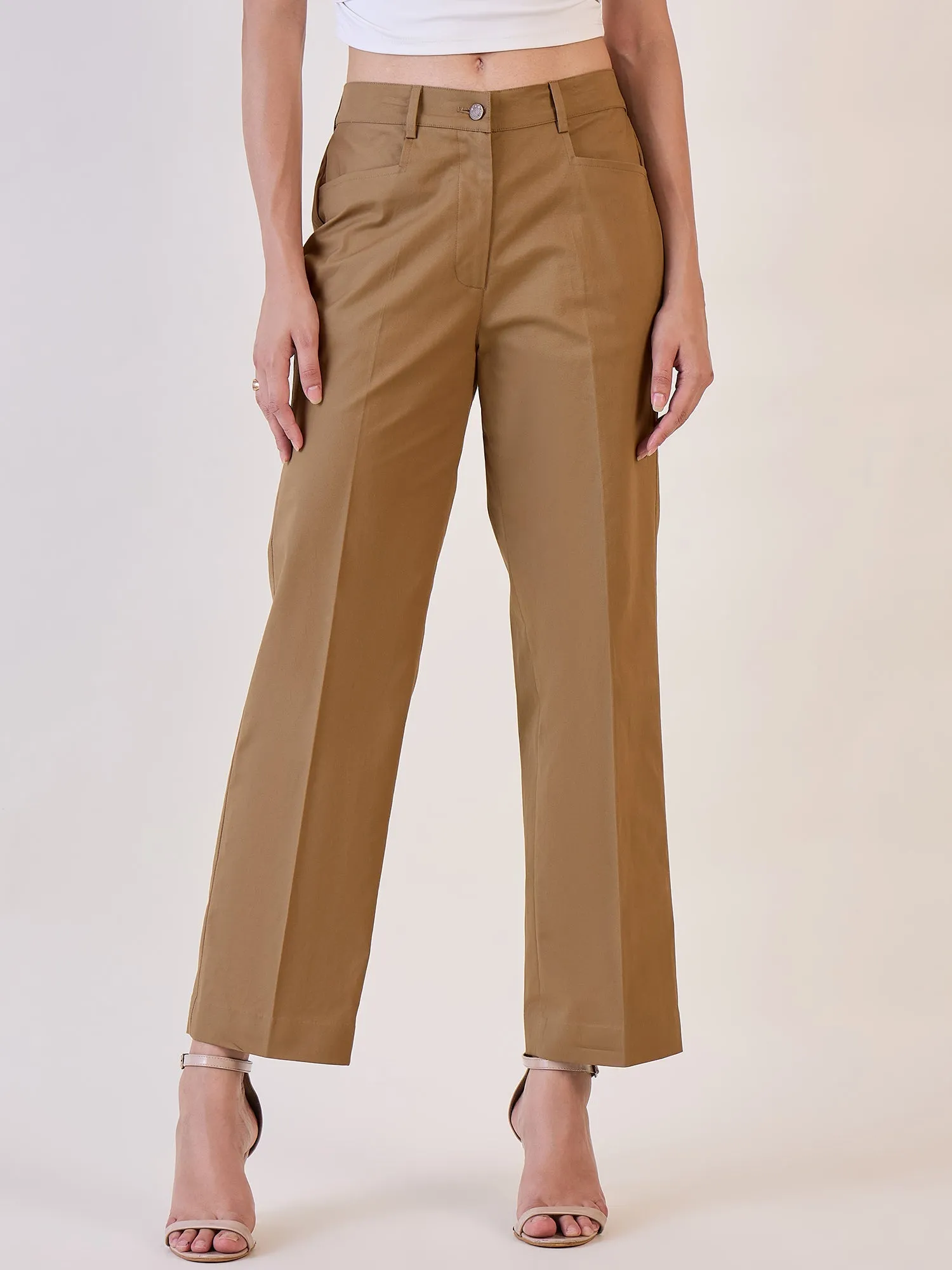 Brown Straight Fit Mid Waist Trouser