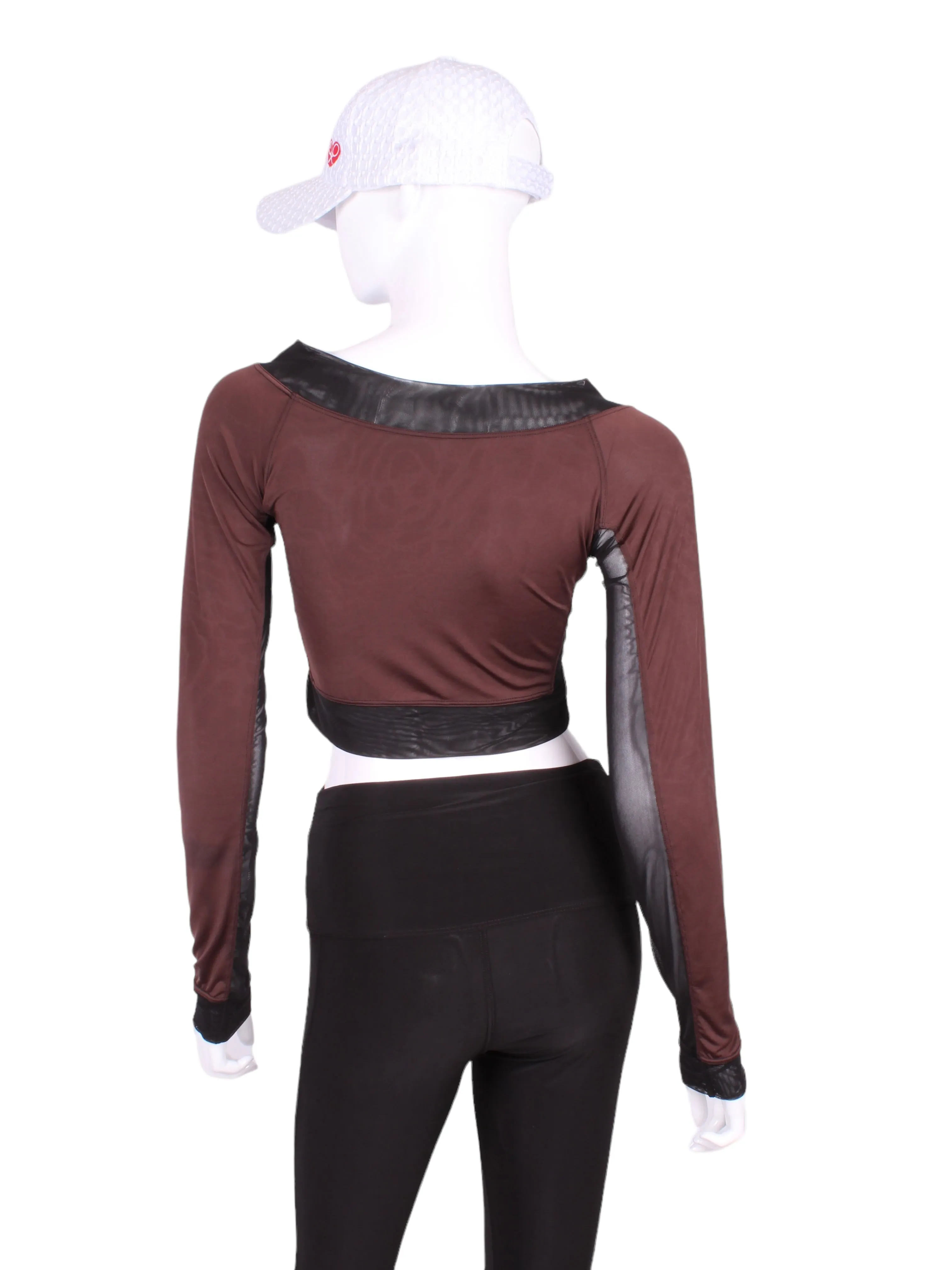 Brown Vee Crop Top with Black Mesh