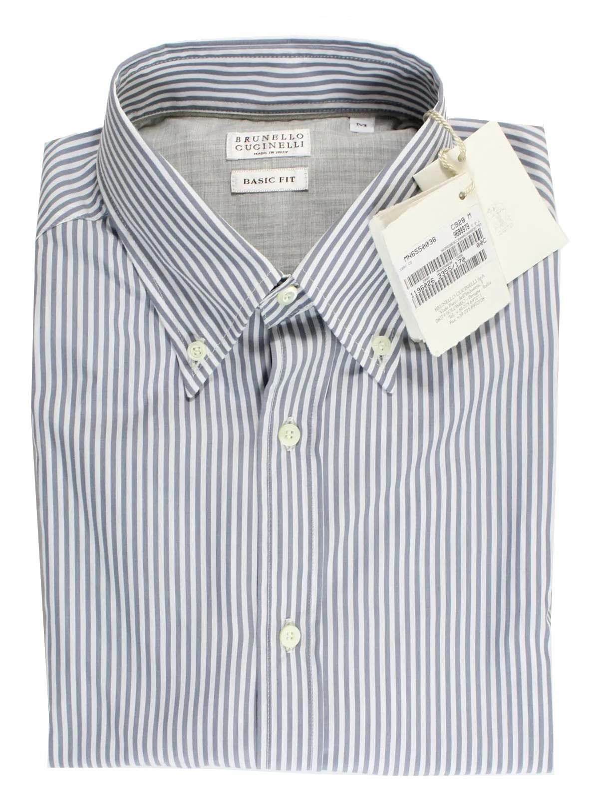 Brunello Cucinelli Shirt White Gray Stripes Button Down Collar M