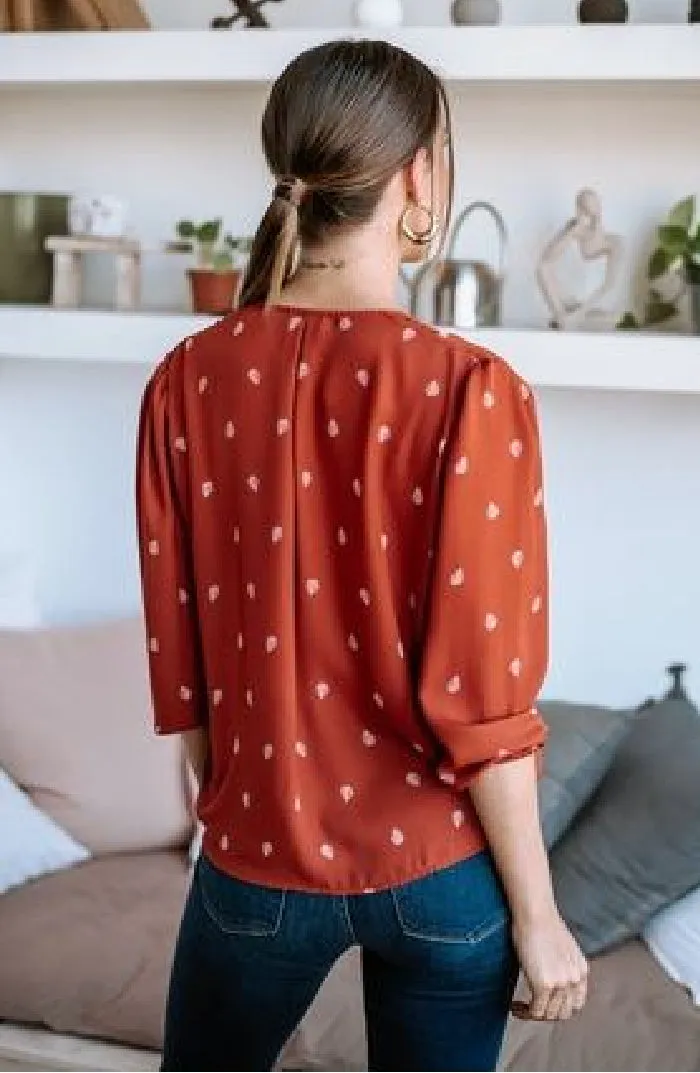 Button Front Blouse | "Prairie" Rust Leaf Print