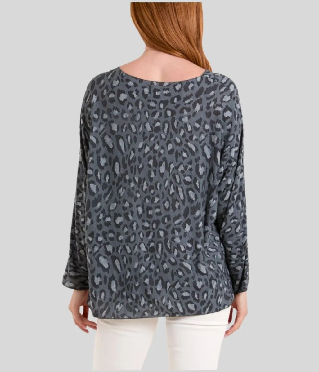 Charcoal Fine Knit Leopard Necklace Top