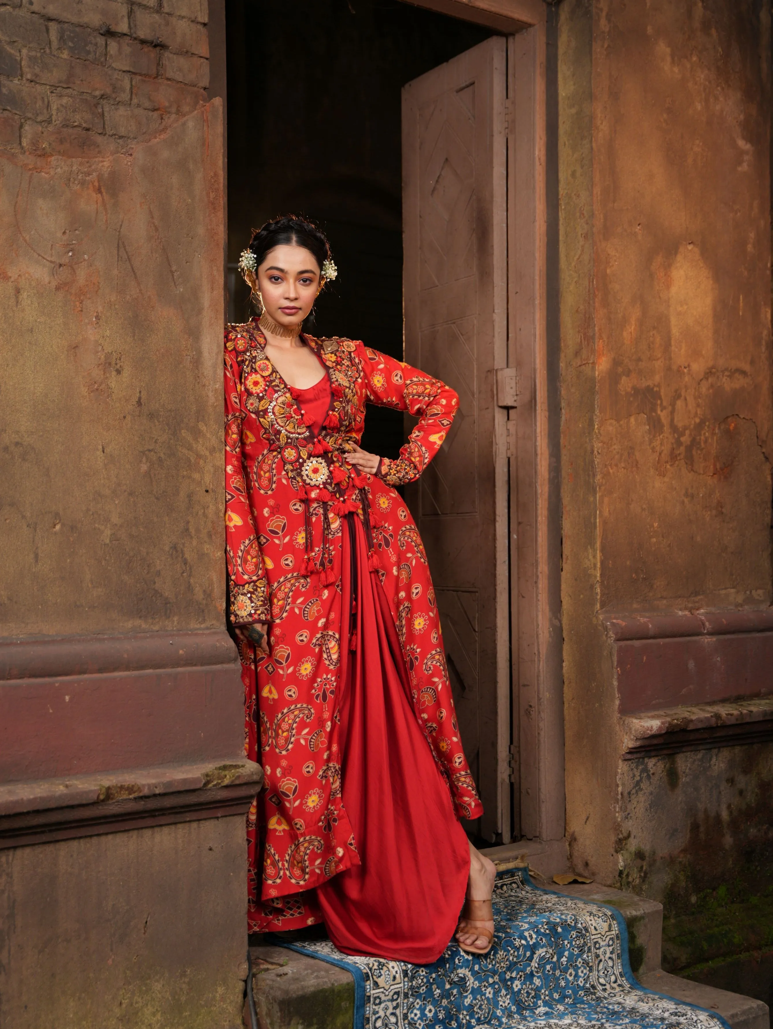 Cherry Red Premium Silk Draped Cape Dress