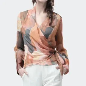 Chiffon Women Top Artistic Orange Print Blouses