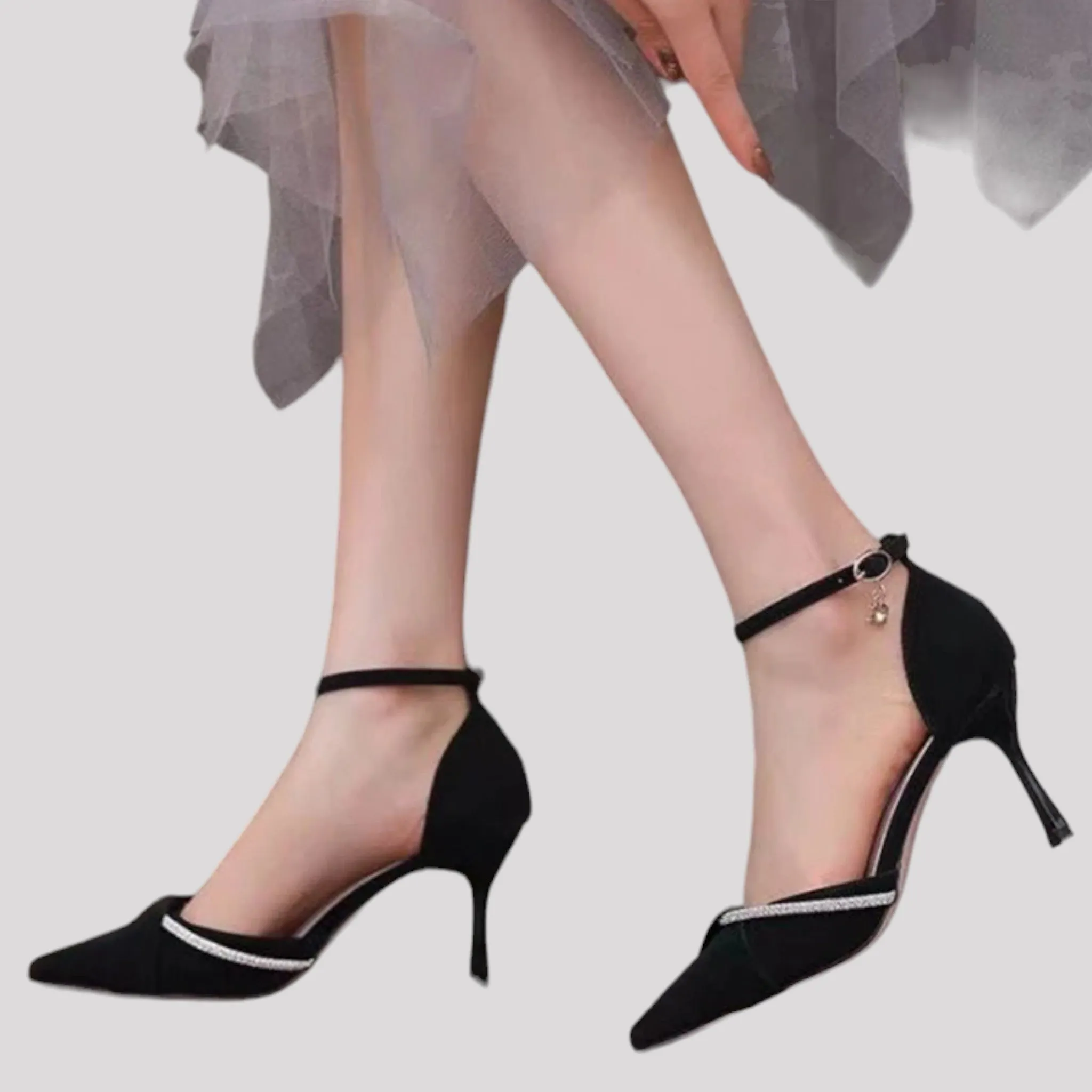 Crystal Detailed Pointed Toe Pump with Ankle Strap, Available in 2 Colours