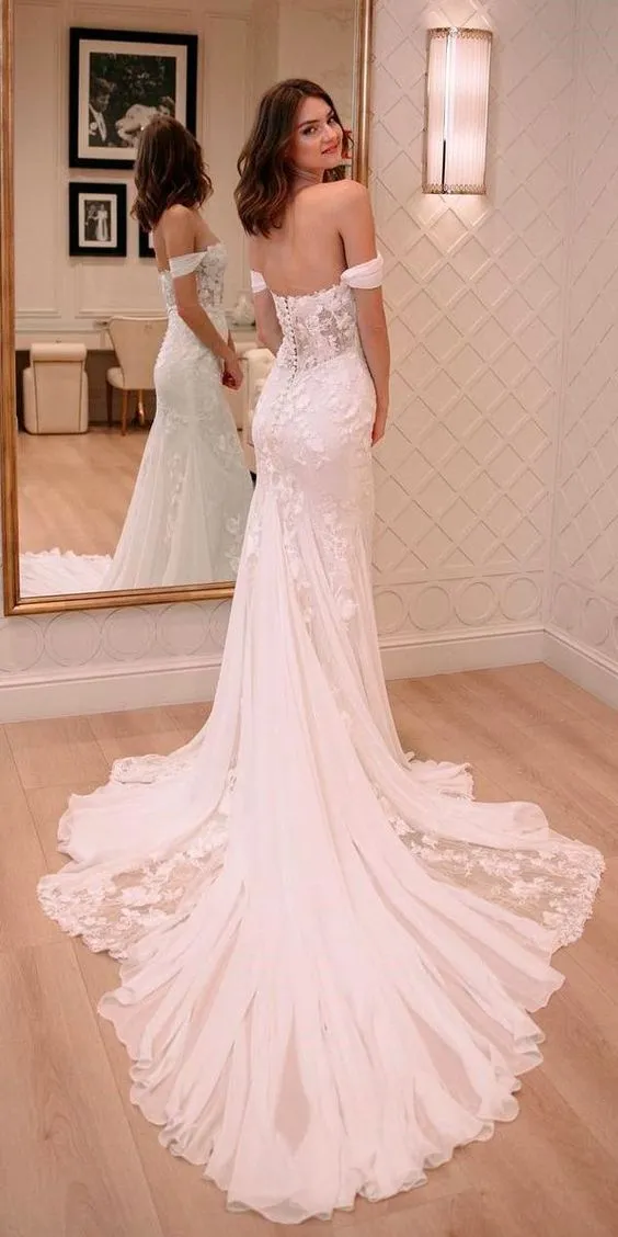 Elegant Off Shouler Long Wedding Dresses, 2020 Lace Popular Wedding Dresses