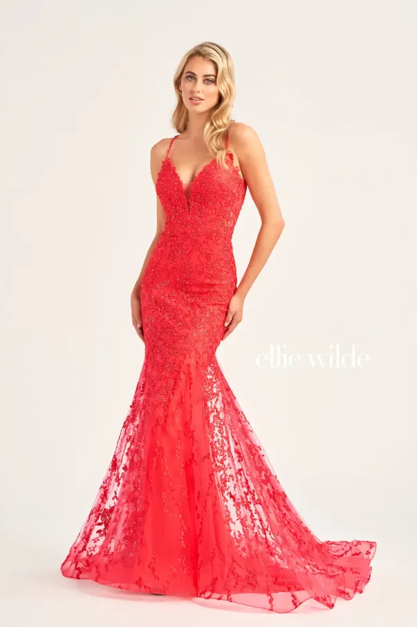 Ellie Wilde 35221 Fit & Flare Beaded Lace Gown