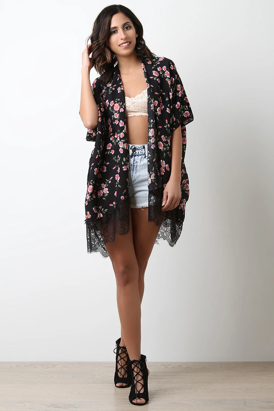 Floral Print Lace-Hem Open Front Kimono