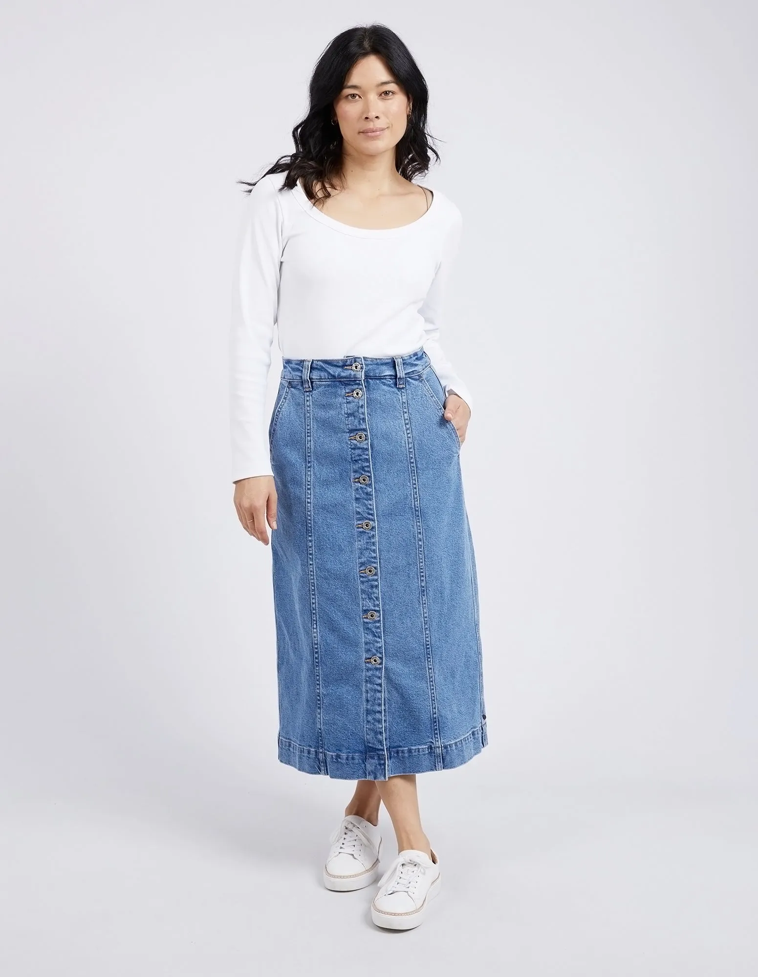 Florence Button Thru Denim Skirt Mid Blue