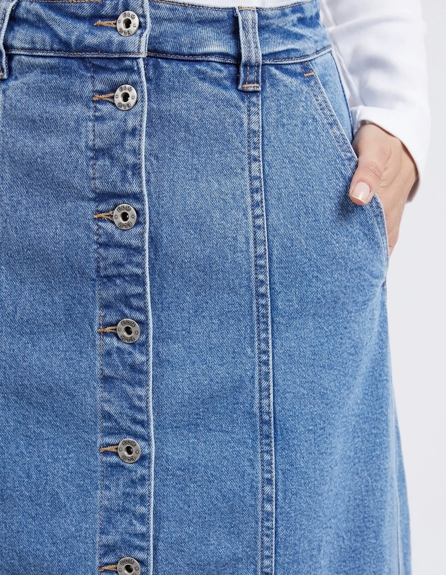 Florence Button Thru Denim Skirt Mid Blue