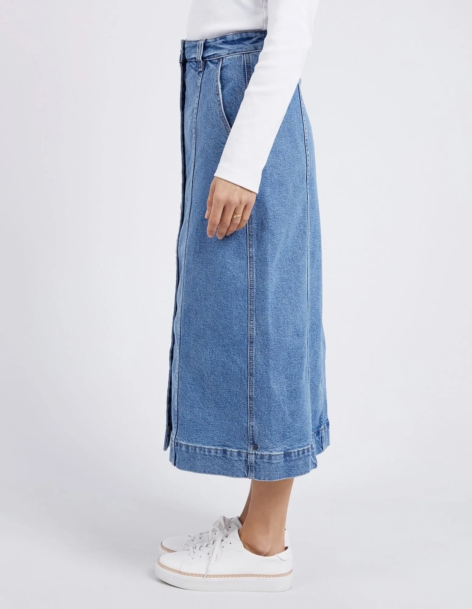 Florence Button Thru Denim Skirt Mid Blue