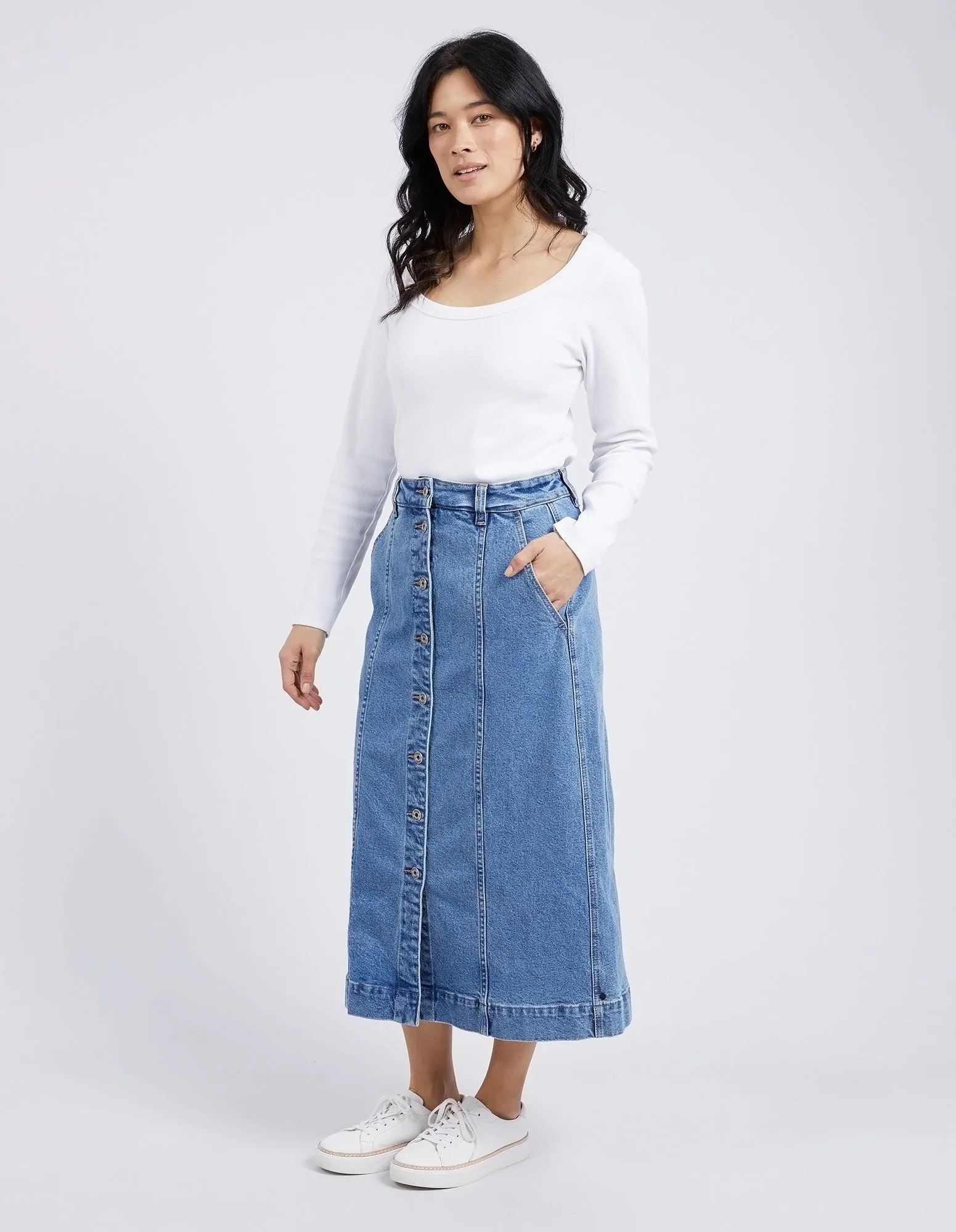 Florence Button Thru Denim Skirt Mid Blue