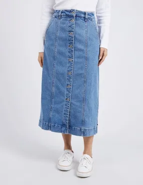 Florence Button Thru Denim Skirt Mid Blue