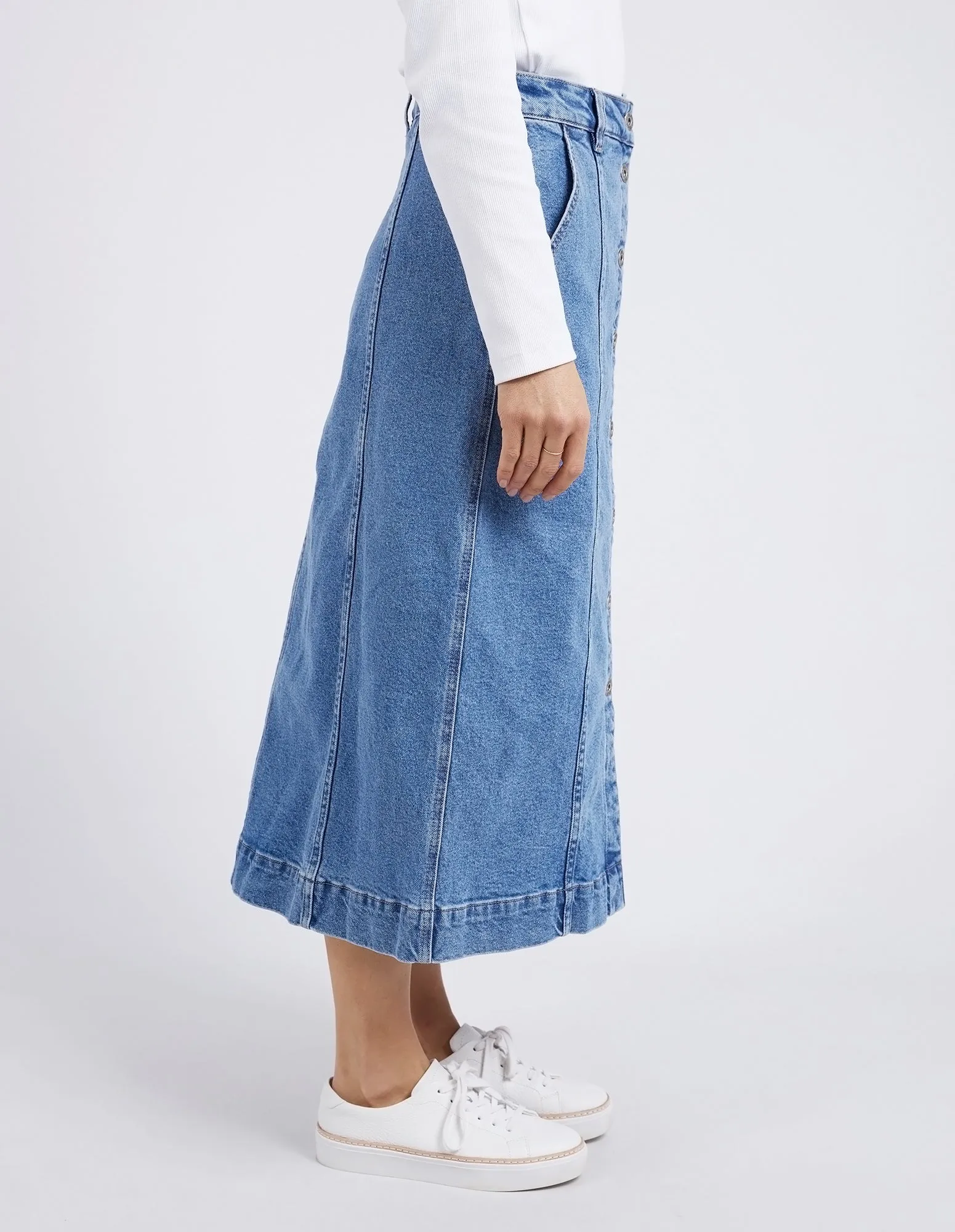 Florence Button Thru Denim Skirt Mid Blue