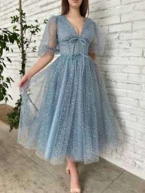 Half Sleeves Dusty Blue Glittery Tulle Prom Dresses, Tea Length Prom Dresses, Newest Prom Dresses, Unique Prom Dresses