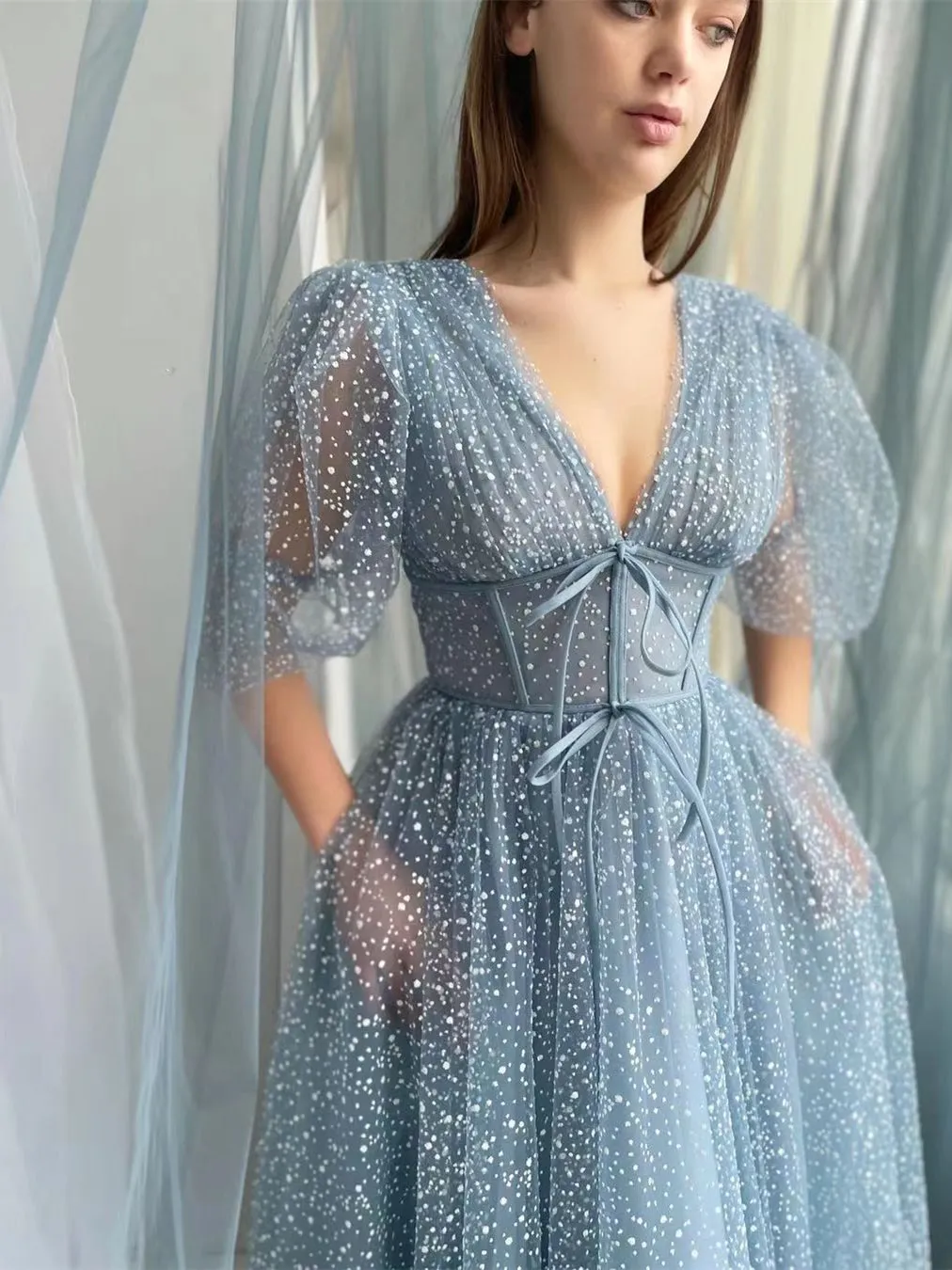 Half Sleeves Dusty Blue Glittery Tulle Prom Dresses, Tea Length Prom Dresses, Newest Prom Dresses, Unique Prom Dresses