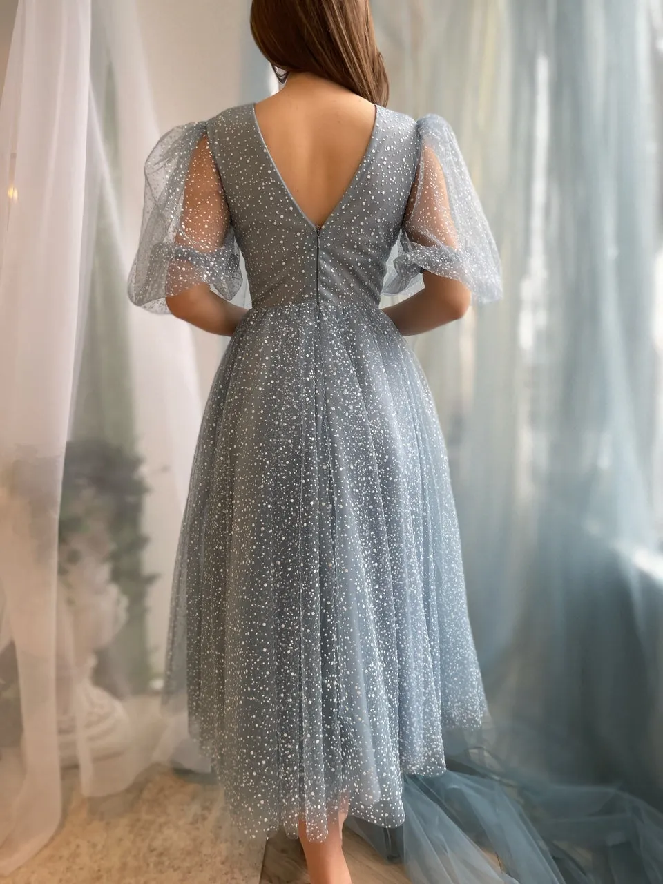 Half Sleeves Dusty Blue Glittery Tulle Prom Dresses, Tea Length Prom Dresses, Newest Prom Dresses, Unique Prom Dresses