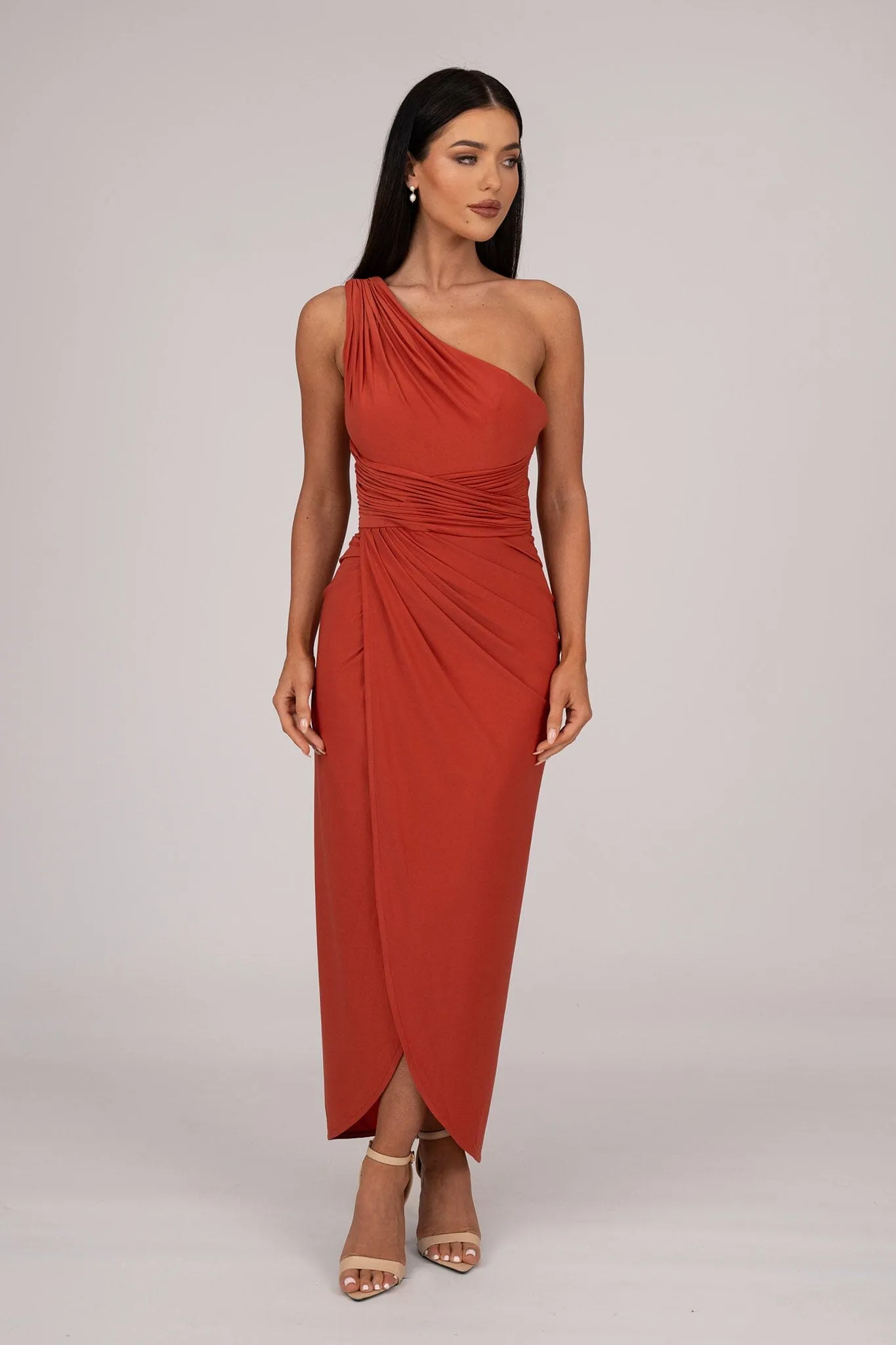 Hayden One Shoulder Midi Dress - Burnt Orange