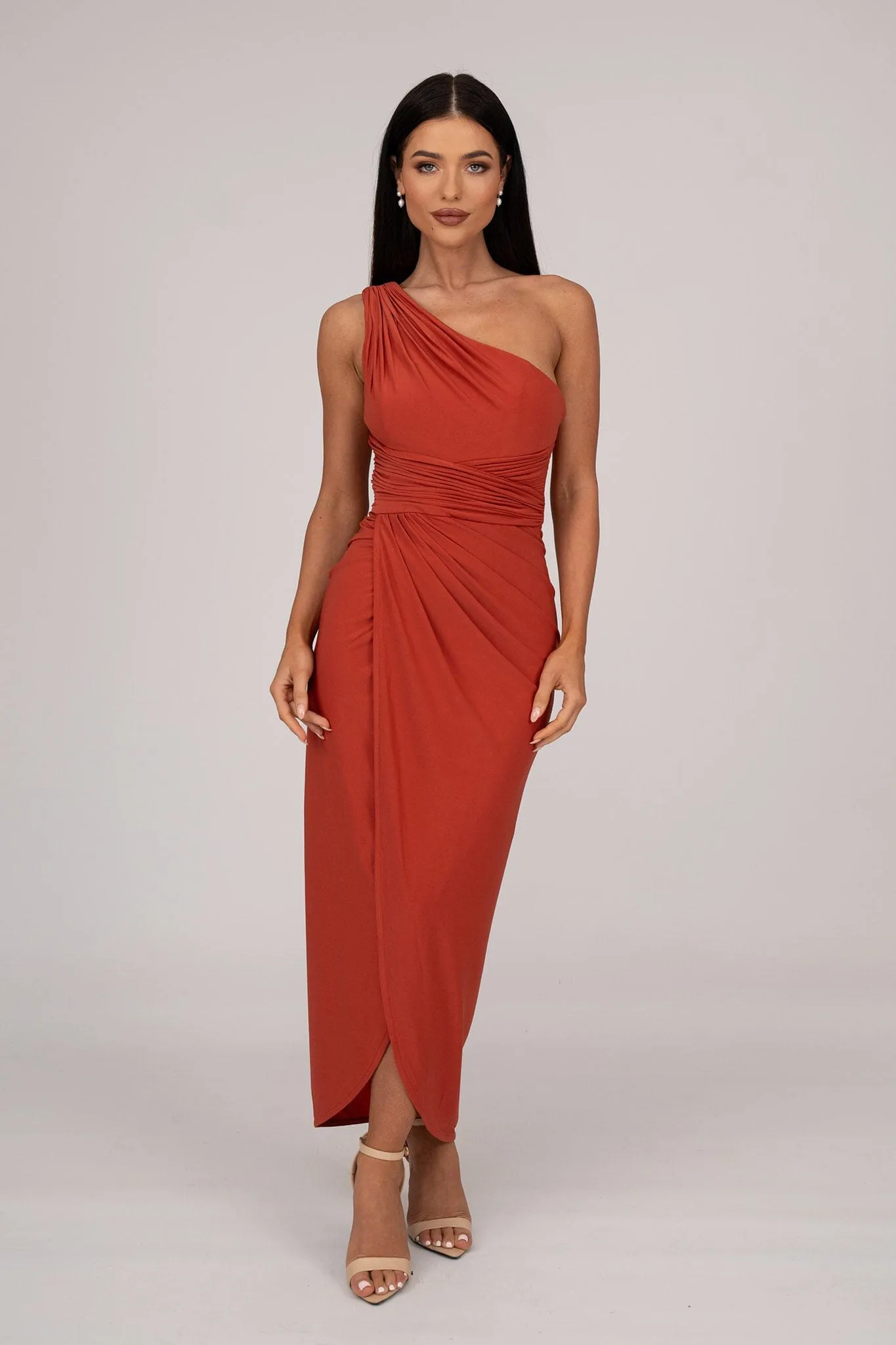 Hayden One Shoulder Midi Dress - Burnt Orange