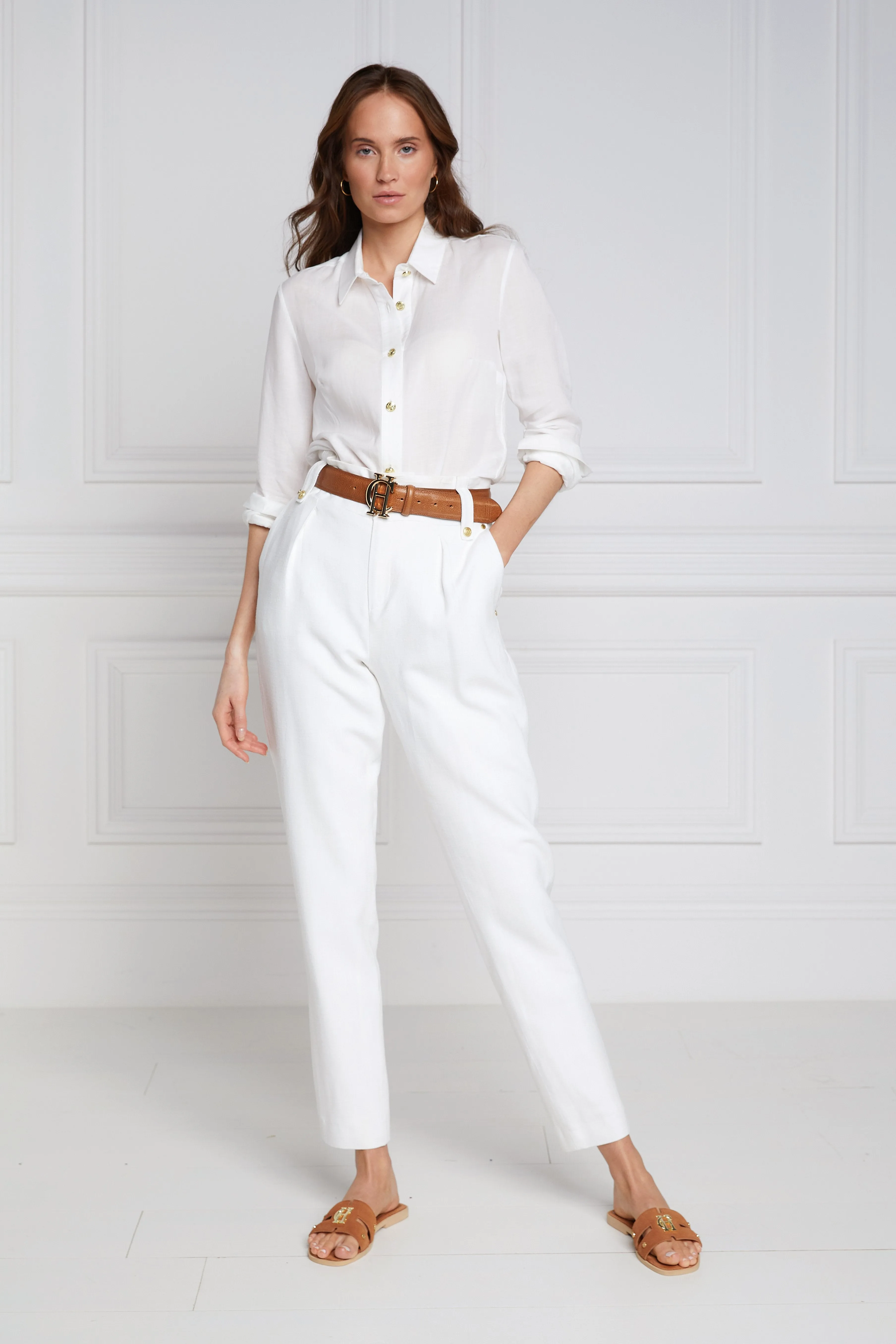 High Waisted Peg Trouser (Oyster Linen)