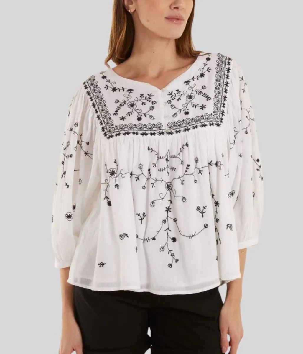 Ivory Black Embroidered Boho Blouse