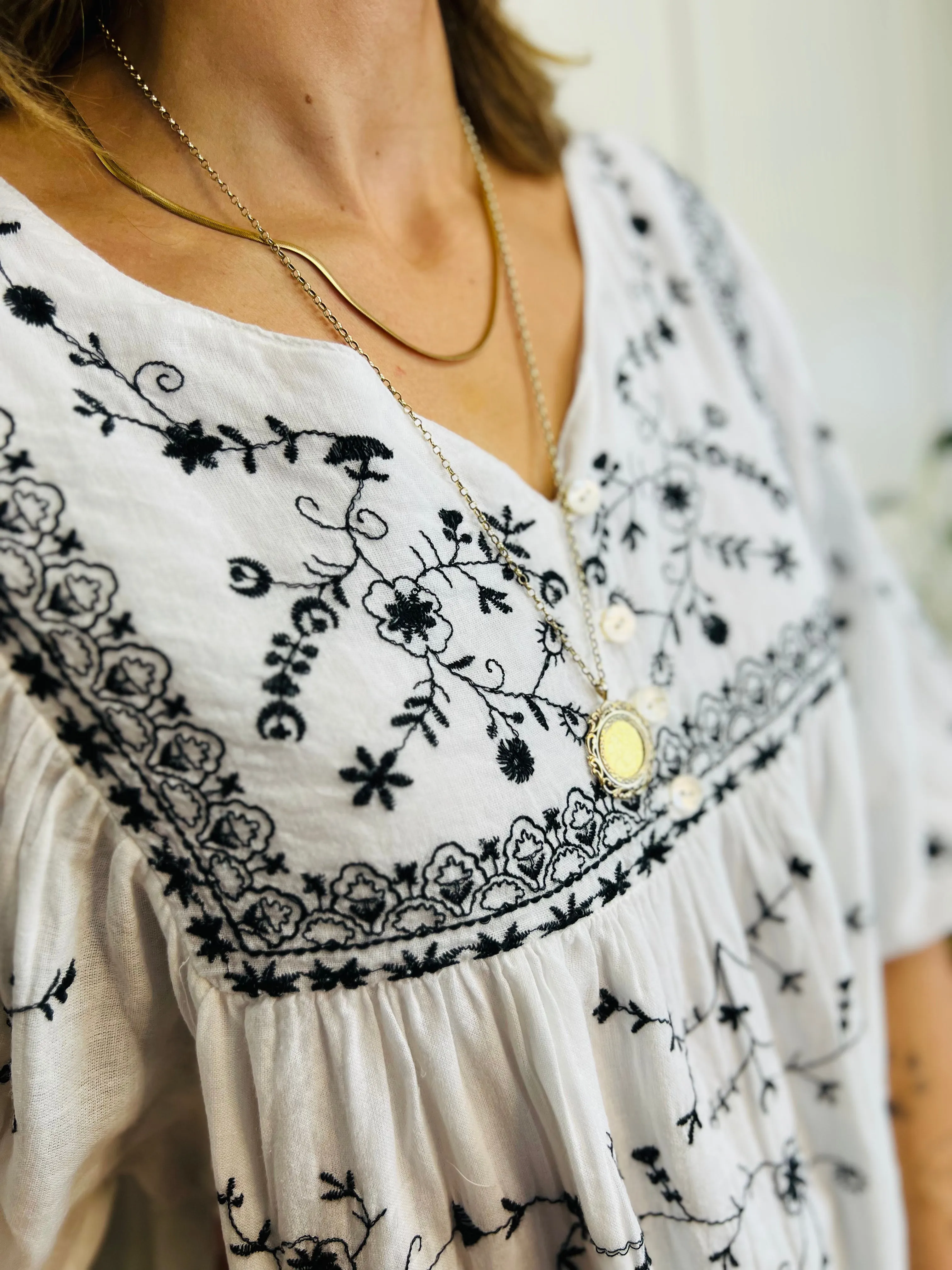 Ivory Black Embroidered Boho Blouse