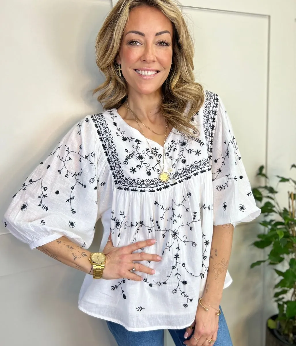 Ivory Black Embroidered Boho Blouse