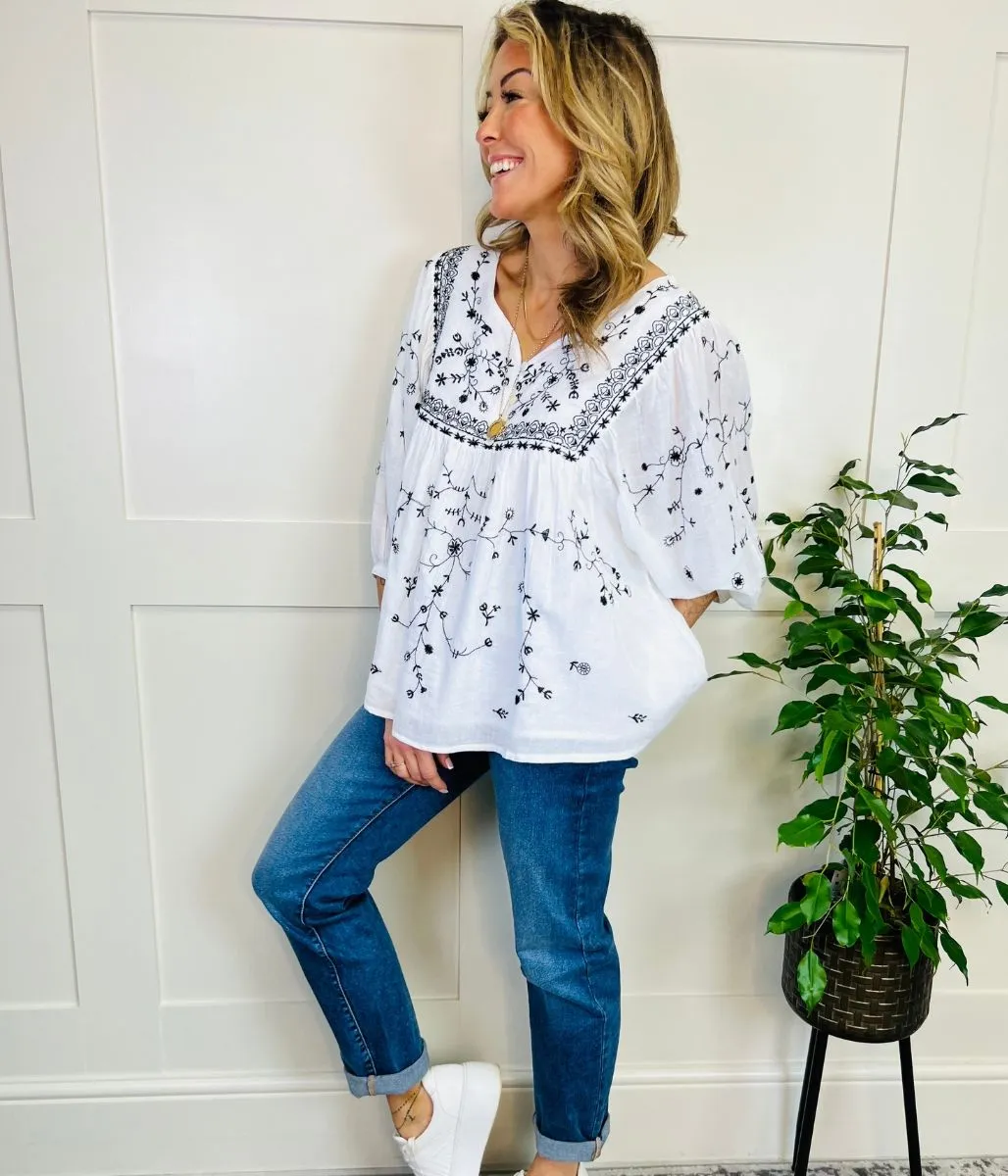 Ivory Black Embroidered Boho Blouse