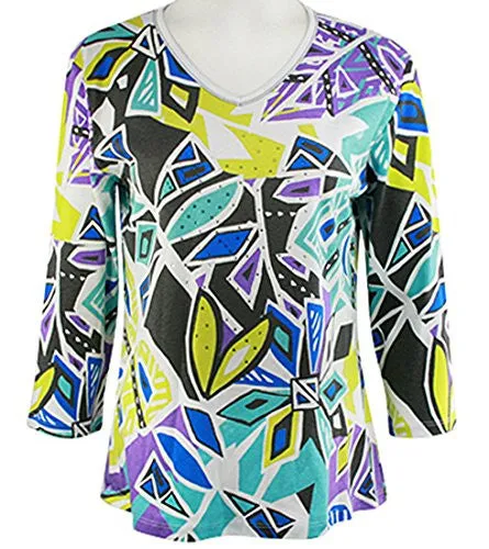 Jess & Jane - Geo Maze, 3/4 Sleeve V-Neck, Rhinestone Accents, Cotton Print Top