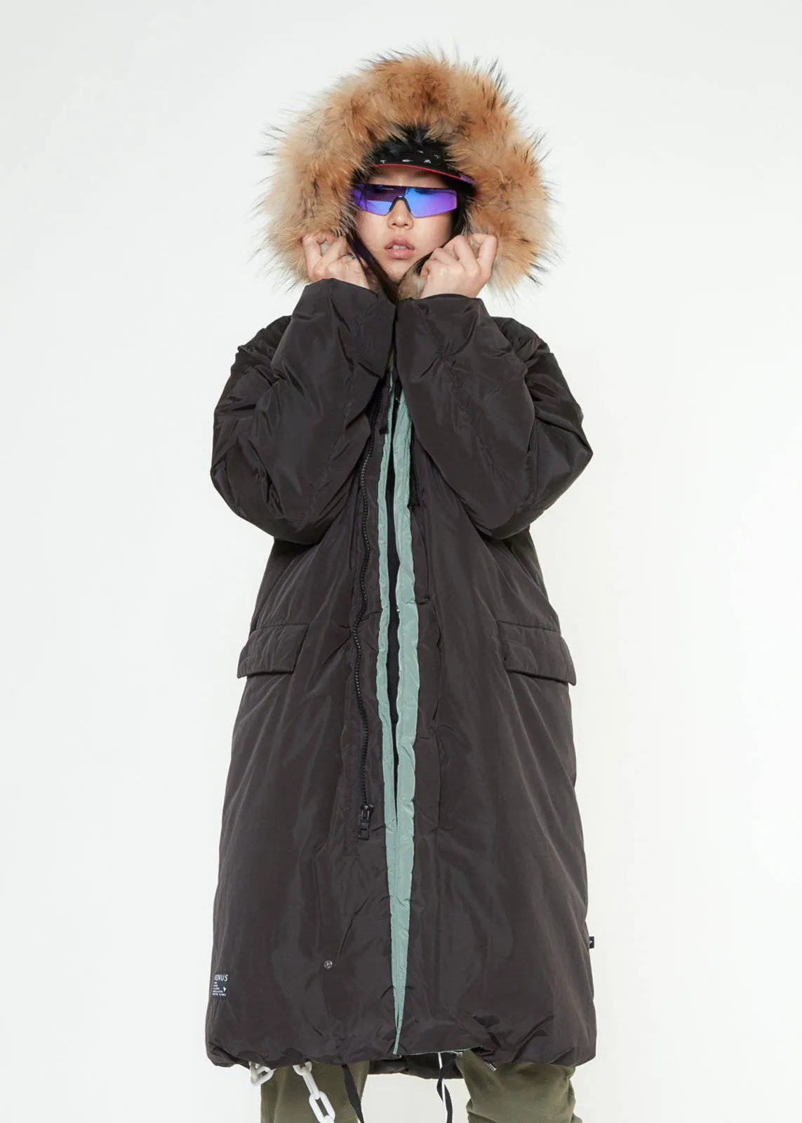 Konus Men's Long Duck Down Hooded Parka with Fur  - Black/Olive