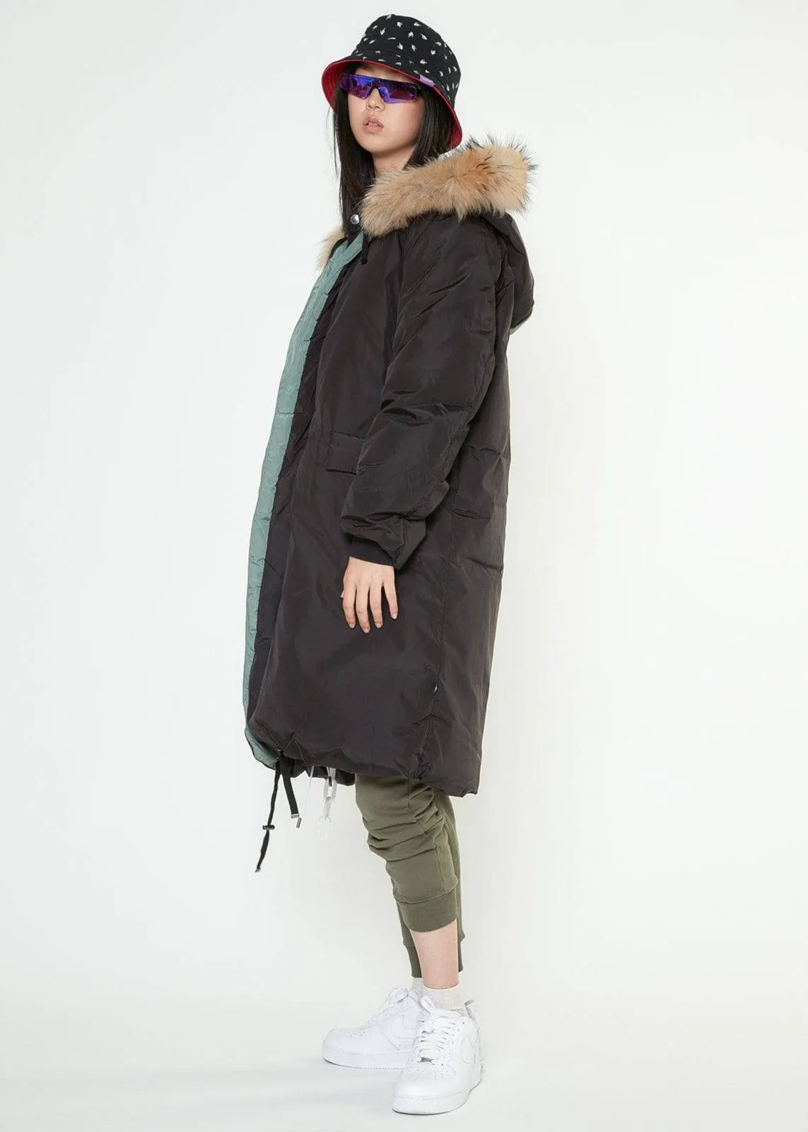 Konus Men's Long Duck Down Hooded Parka with Fur  - Black/Olive