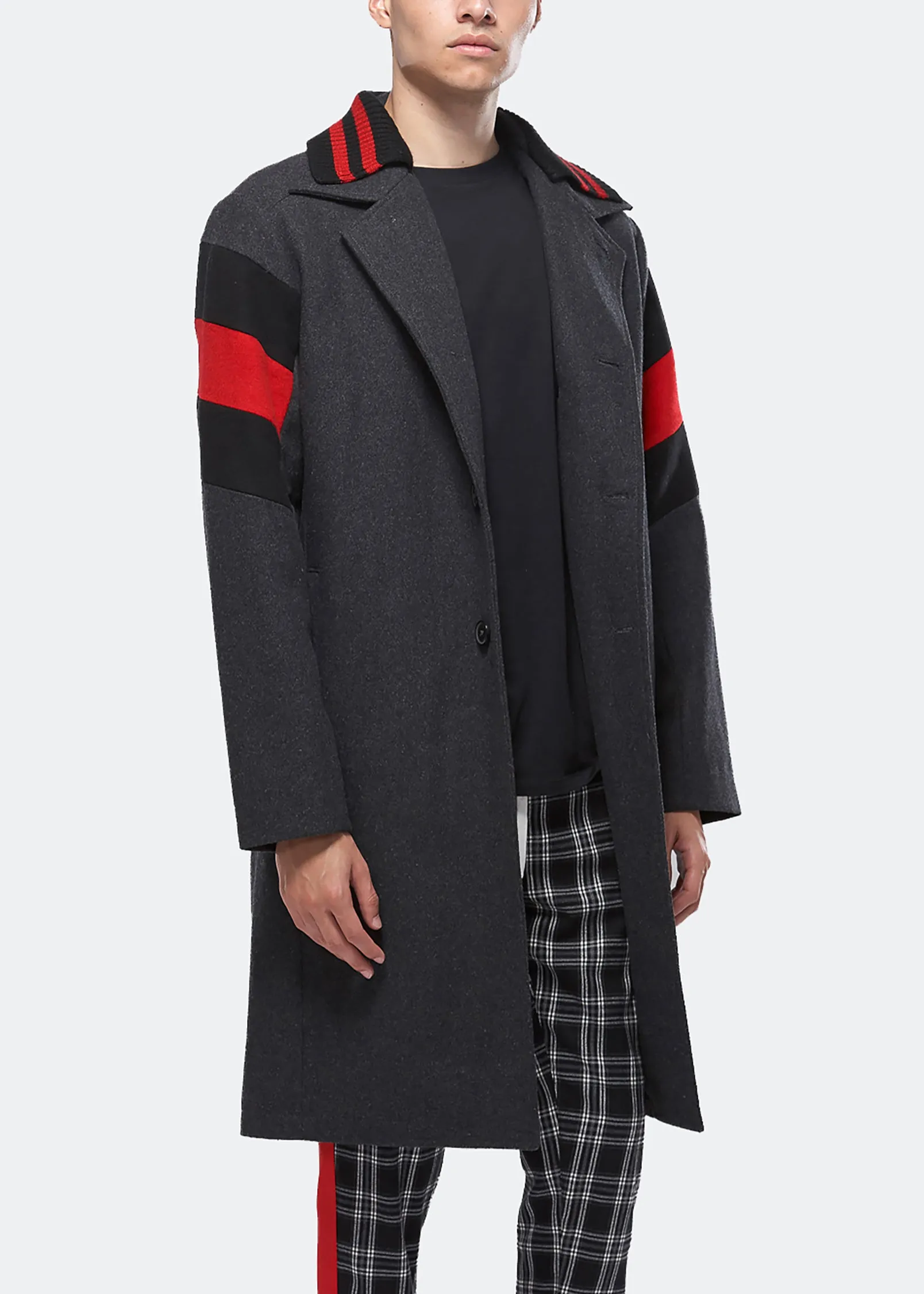 Konus Men's Wool Blend Long Coat with Contrast Stripes in Charcoal