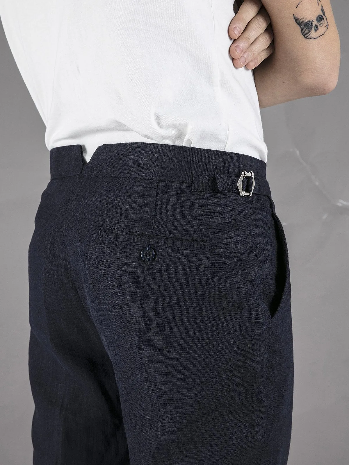 Linen High Waisted Trousers - Navy