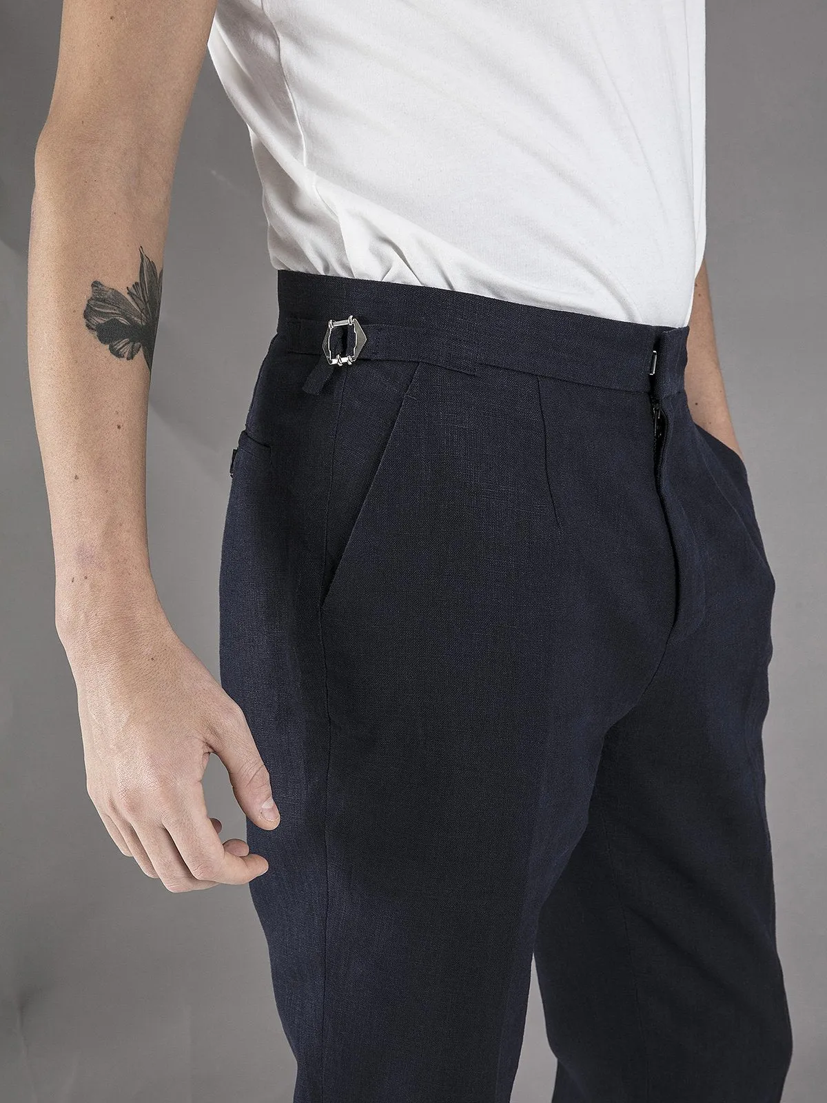 Linen High Waisted Trousers - Navy