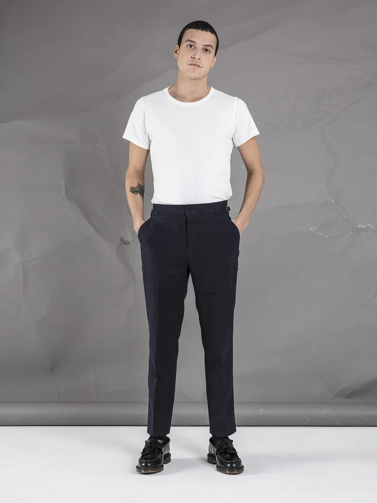 Linen High Waisted Trousers - Navy