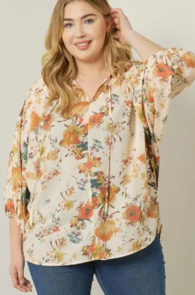 Long Sleeve Tie Neck Floral Print