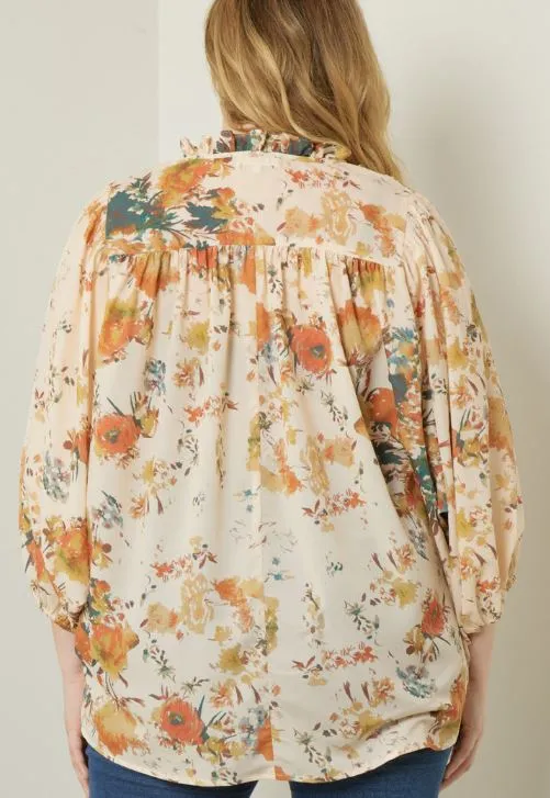 Long Sleeve Tie Neck Floral Print