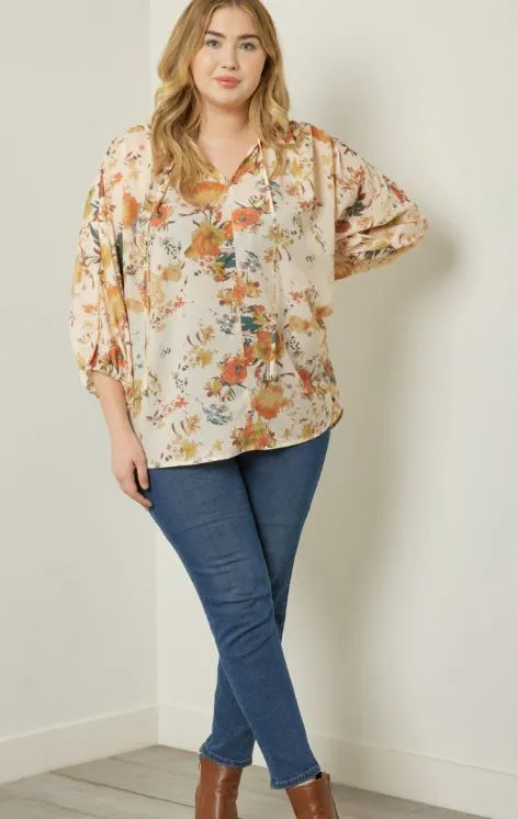 Long Sleeve Tie Neck Floral Print