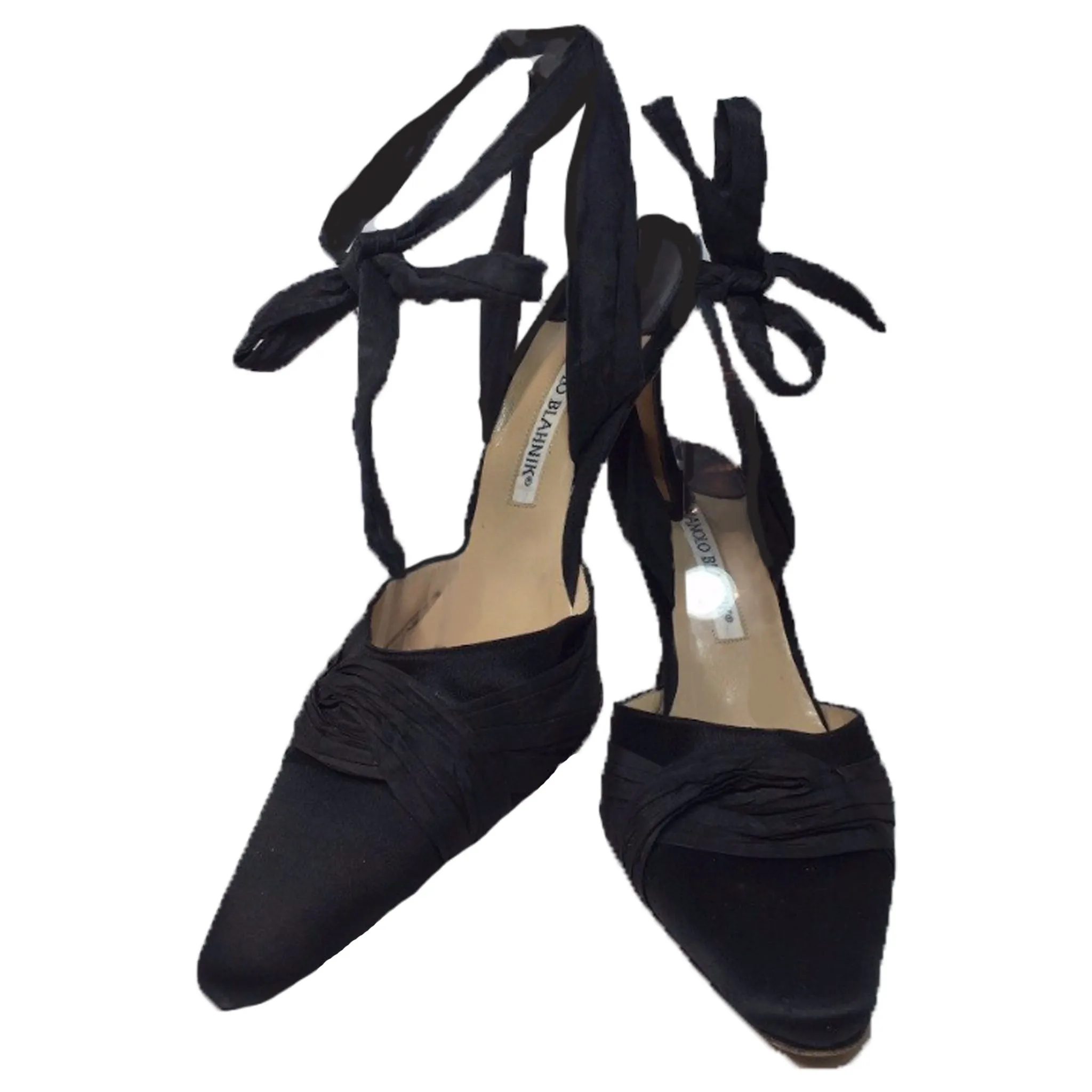 MANOLO BLAHNIK Black Satin Mules with Ankle Tie Straps Size 37