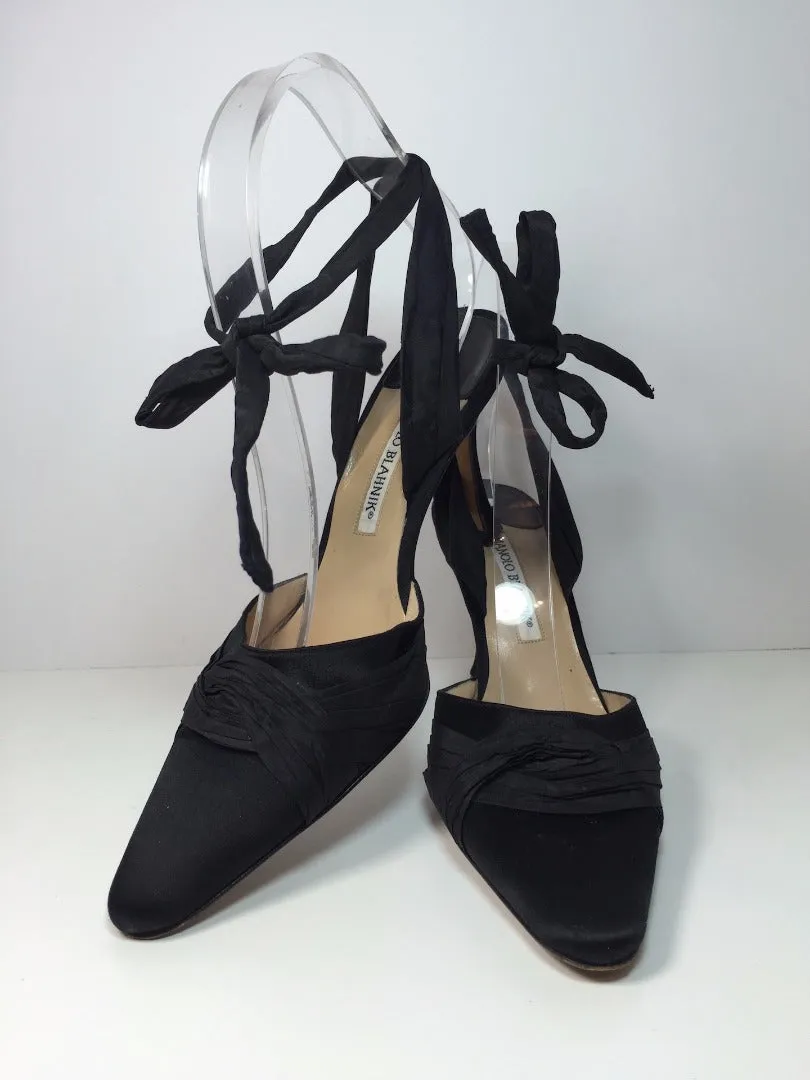 MANOLO BLAHNIK Black Satin Mules with Ankle Tie Straps Size 37