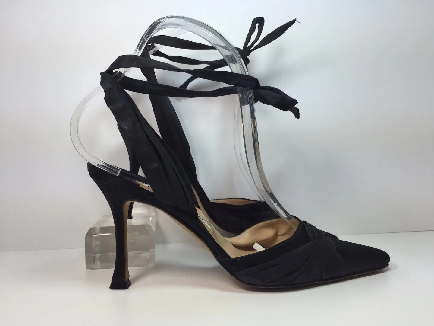 MANOLO BLAHNIK Black Satin Mules with Ankle Tie Straps Size 37