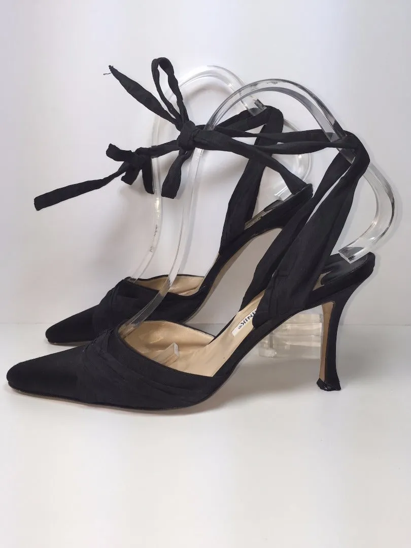 MANOLO BLAHNIK Black Satin Mules with Ankle Tie Straps Size 37