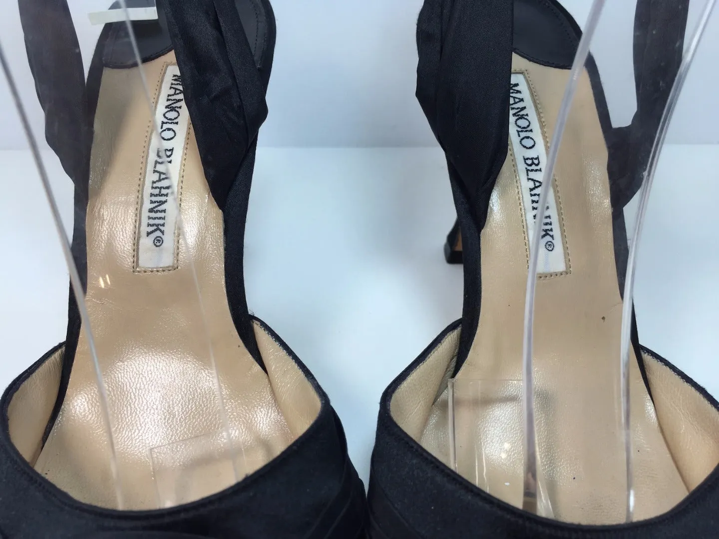 MANOLO BLAHNIK Black Satin Mules with Ankle Tie Straps Size 37