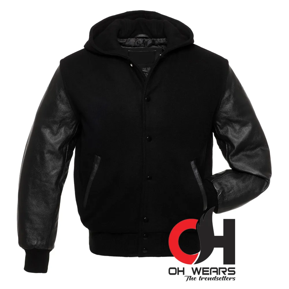 Mens Black on Black Hooded Varsity Jacket Custom Black Embroidery Hoodie Baseball Jacket Mens, Women and Kids