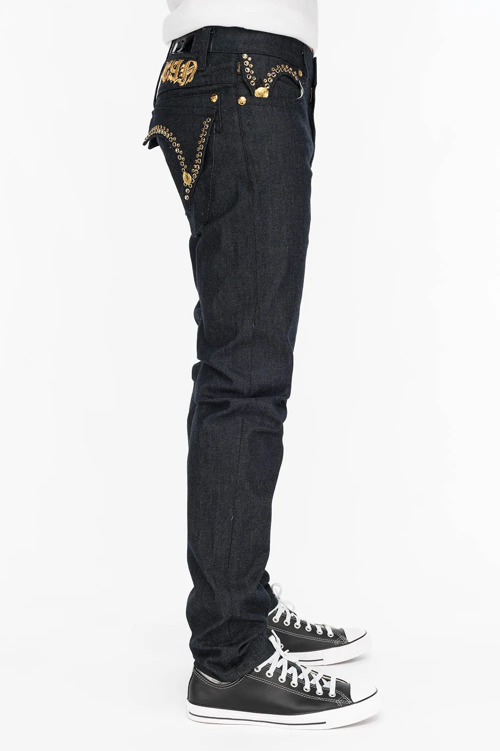 Mens Slim Fit Raw Denim Jeans with Killer Flap, Original English Script, and Crystal Accents