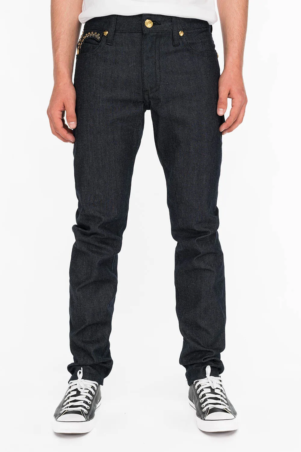 Mens Slim Fit Raw Denim Jeans with Killer Flap, Original English Script, and Crystal Accents