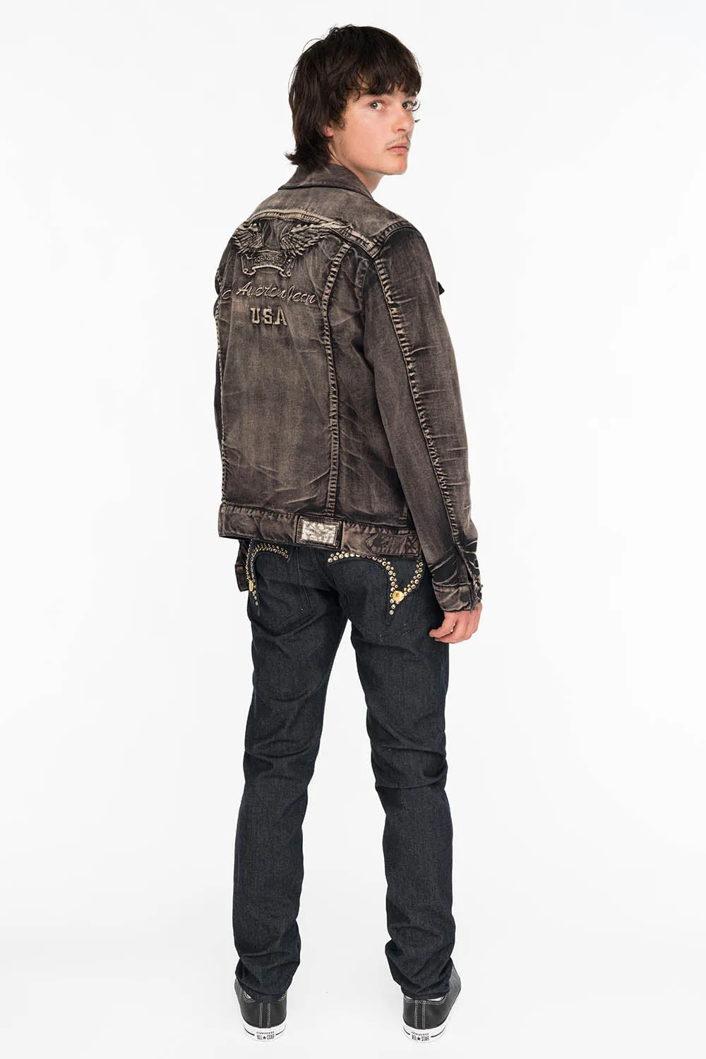 Mens Slim Fit Raw Denim Jeans with Killer Flap, Original English Script, and Crystal Accents