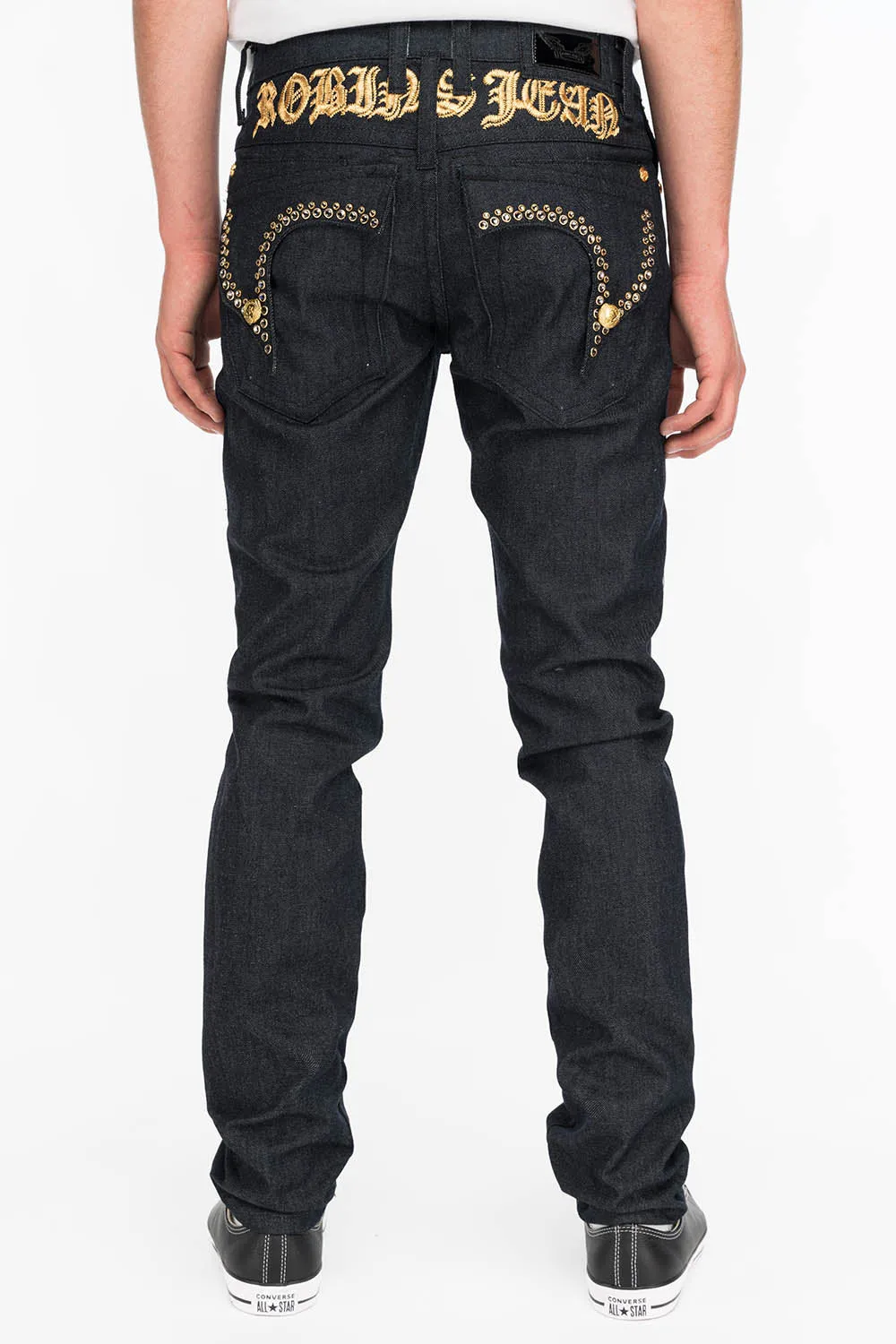 Mens Slim Fit Raw Denim Jeans with Killer Flap, Original English Script, and Crystal Accents