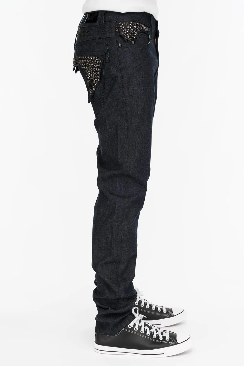 Mens Slim Fit Raw Denim Killer Flap Jeans with Wing Studs and Crystal Accents