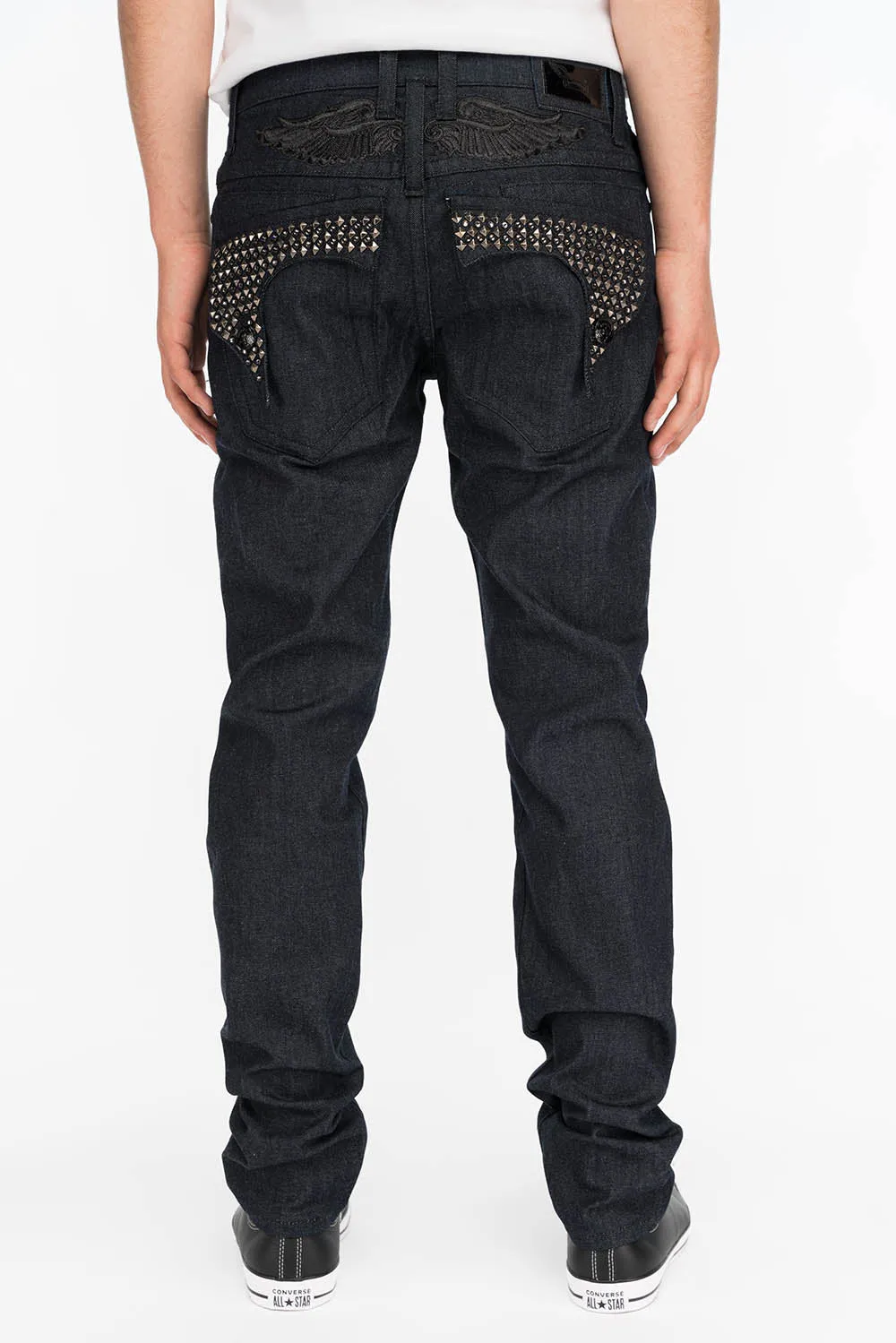 Mens Slim Fit Raw Denim Killer Flap Jeans with Wing Studs and Crystal Accents